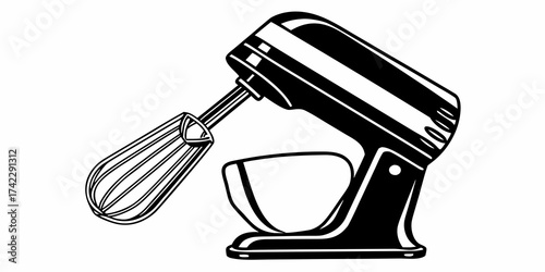A black and white illustration of a stand mixer with a bowl and whisk attachment on a white background