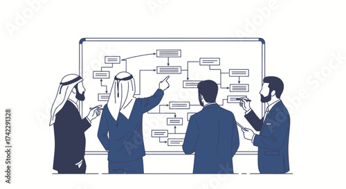 Business team discussing a project plan on a whiteboard.