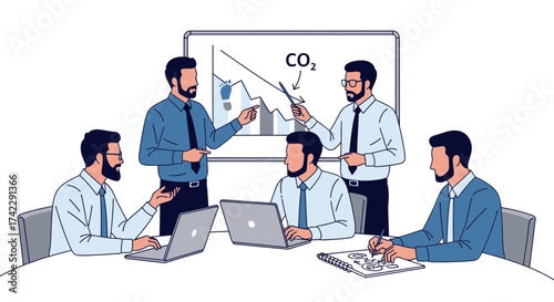 Business team discussing CO2 emission reduction strategies in a meeting.