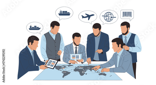 Business team discussing global logistics and supply chain management.