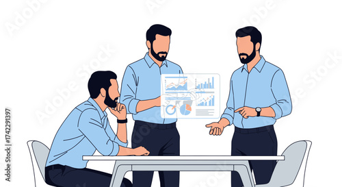 Business team meeting discussing financial data analysis and strategy.