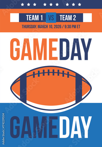 Game Day. American football playoff. Super Party in United States. Final game of regular season. Professional team championship. Ball for american football. Sport poster. Vector illustration