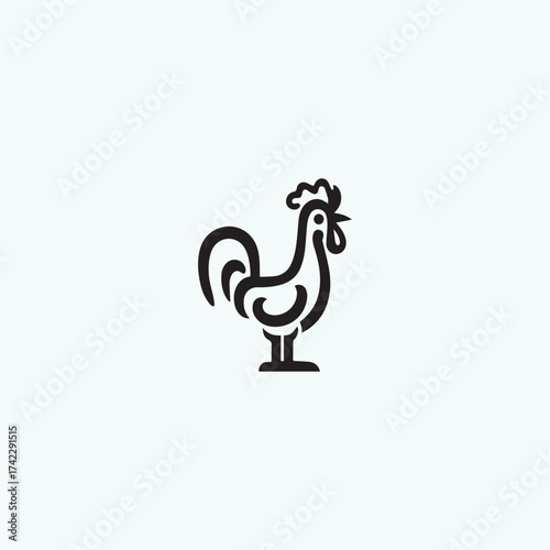 Silhouette style vector minimal rooster logo design icon in black color, simple line art illustration, creative branding element for farm animals, poultry, agriculture, merchandise, digital projects, 