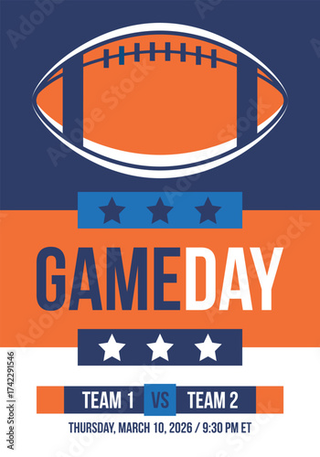 Game Day. American football playoff. Super Party in United States. Final game of regular season. Professional team championship. Ball for american football. Sport poster. Vector illustration