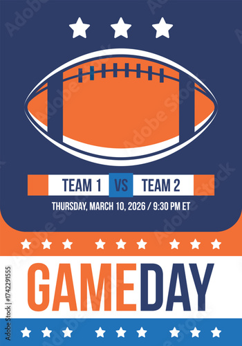 Game Day. American football playoff. Super Party in United States. Final game of regular season. Professional team championship. Ball for american football. Sport poster. Vector illustration