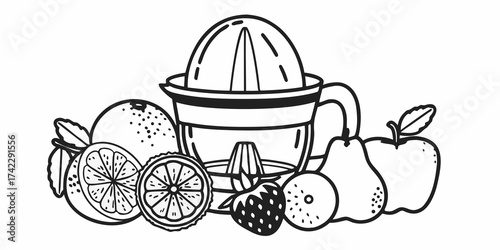 Black and white illustration of a juicer surrounded by a variety of different types of fruits