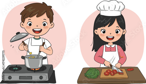 Children cooking together, cartoon boy stirring pot, girl slicing tomatoes, chef hat, kitchen teamwork, healthy food prep, culinary skills, kids illustration