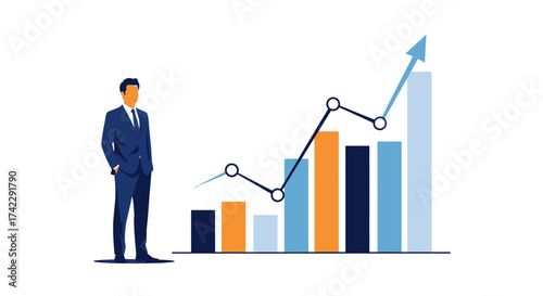 Business man standing near a growing financial graph success concept.