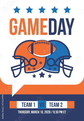 Game Day. American football playoff. Super Party in United States. Final game of regular season. Professional team championship. Ball for american football. Sport poster. Vector illustration