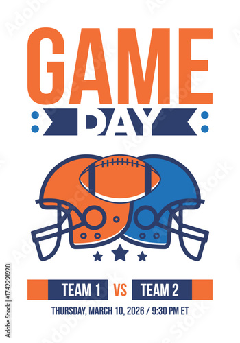 Game Day. American football playoff. Super Party in United States. Final game of regular season. Professional team championship. Ball for american football. Sport poster. Vector illustration