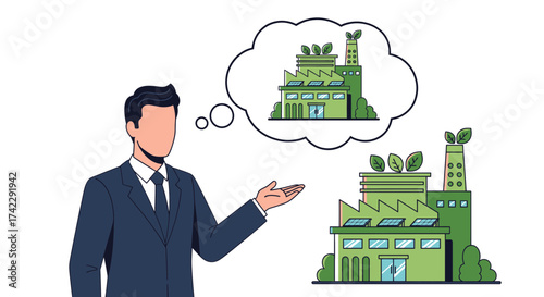 Businessman presenting ecofriendly factory concept with green energy.