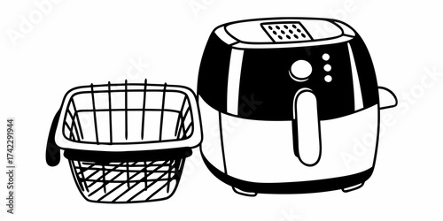 Illustration of an air fryer with a basket next to it in black and white kitchen appliance style