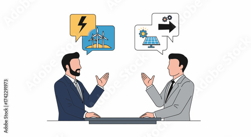 Two businessmen discussing renewable energy sources and sustainable development.