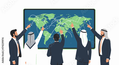 Business team pointing at a world map global business concept.