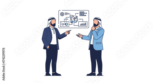 Two Arab Businessmen Discussing a Presentation on a Whiteboard.
