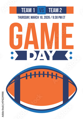 Game Day. American football playoff. Super Party in United States. Final game of regular season. Professional team championship. Ball for american football. Sport poster. Vector illustration