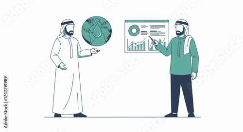 Two Arab men discussing environmental issues with a globe and charts.