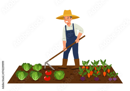 A farmer wearing a straw hat tends to his vegetable garden, using a hoe to cultivate the soil around lettuce, tomatoes, carrots, and beets.