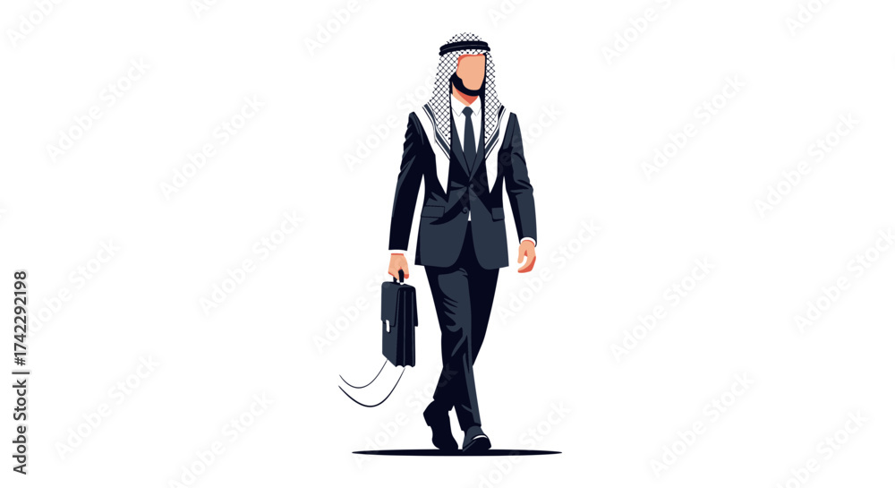 Obraz premium Arab businessman in suit with briefcase walking forward on white background.
