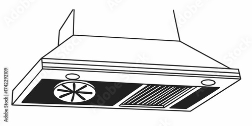 Illustration of a kitchen exhaust fan with a vent and light fixtures in a line art style design