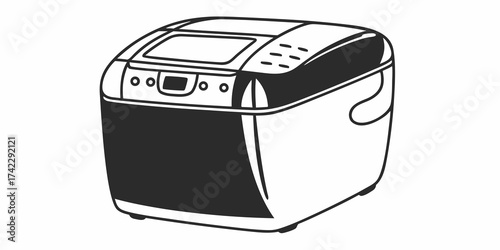 Illustration of a bread maker with a display screen and control panel on top and a handle on the side