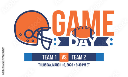 Game Day. American football playoff. Super Party in United States. Final game of regular season. Professional team championship. Ball for american football. Sport poster. Vector illustration