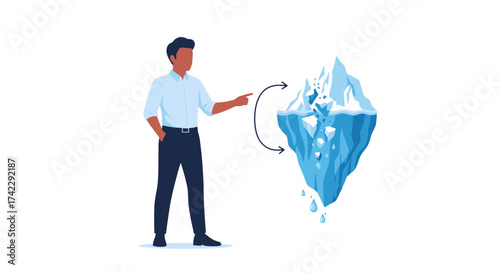 Business man pointing at iceberg concept of hidden information.