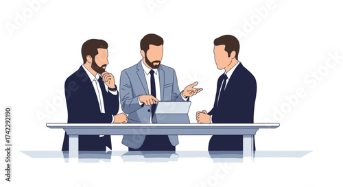 Business meeting illustration of three men in suits discussing a project.
