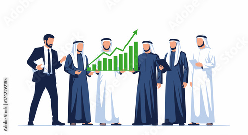 Business team celebrating success with a growing graph.