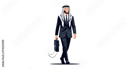 Arab businessman in suit with briefcase walking forward on white background.