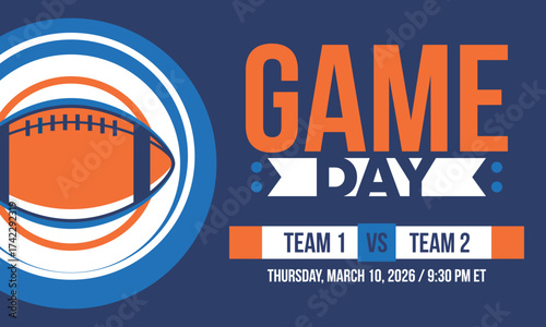 Game Day. American football playoff. Super Party in United States. Final game of regular season. Professional team championship. Ball for american football. Sport poster. Vector illustration