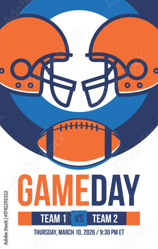 Game Day. American football playoff. Super Party in United States. Final game of regular season. Professional team championship. Ball for american football. Sport poster. Vector illustration