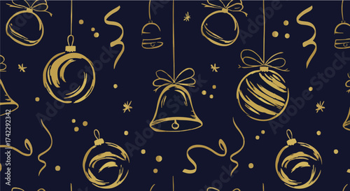 Elegant Midnight Blue Seamless Pattern with Metallic Yellow Baubles and Confetti Sketch