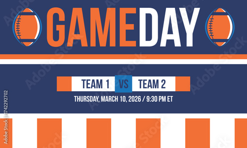 Game Day. American football playoff. Super Party in United States. Final game of regular season. Professional team championship. Ball for american football. Sport poster. Vector illustration