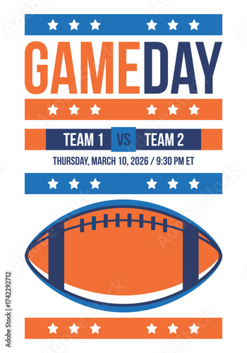 Game Day. American football playoff. Super Party in United States. Final game of regular season. Professional team championship. Ball for american football. Sport poster. Vector illustration