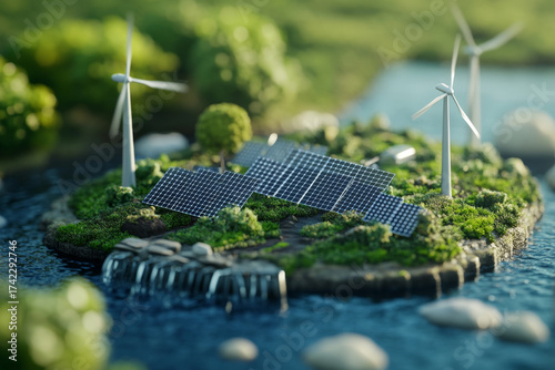 Image of an earth with solar panels, wind turbines and trees on it. Green energy concept