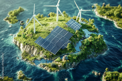 Image of an earth with solar panels, wind turbines and trees on it. Green energy concept