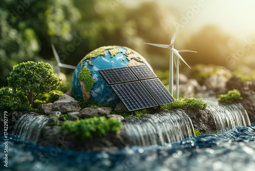 Image of an earth with solar panels, wind turbines and trees on it. Green energy concept