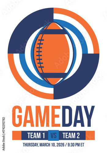 Game Day. American football playoff. Super Party in United States. Final game of regular season. Professional team championship. Ball for american football. Sport poster. Vector illustration