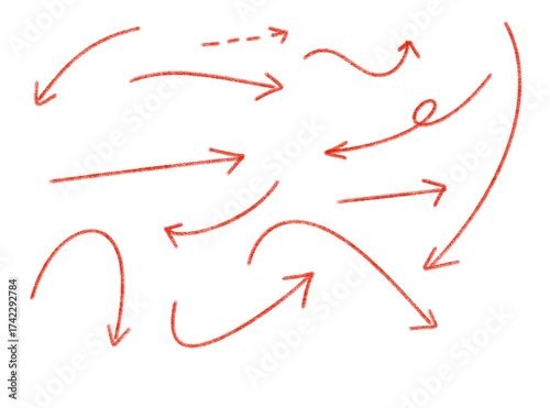 Assortment of handdrawn red arrows with a chalky texture, pointing in various directions, isolated on transparent background