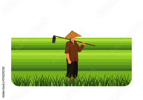 A farmer with a conical hat carries a hoe over his shoulder, standing in a vibrant green rice field.