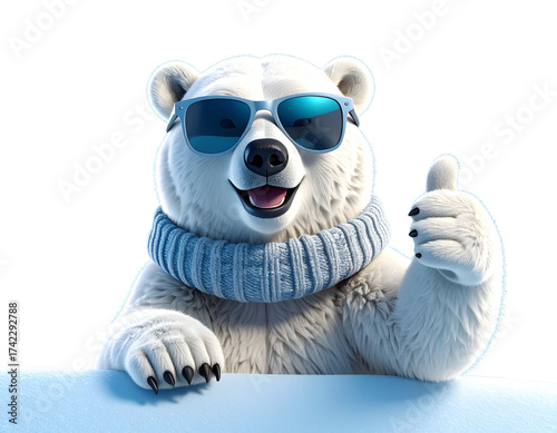 3D Animated Polar Bear with Sunglasses and Winter Gear — Thumbs Up Expression on Blue Background