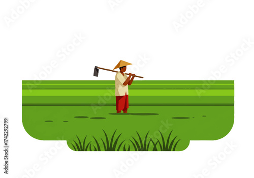 Farmer standing in a rice paddy field, holding a hoe over his shoulder, wearing a conical hat.