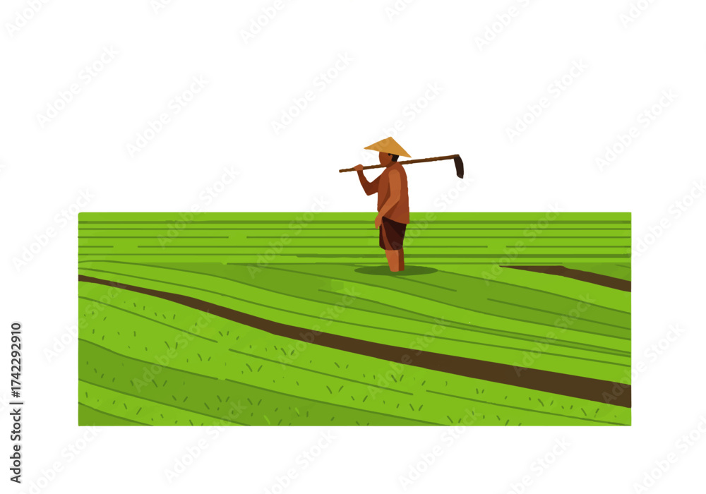 Εκτύπωση καμβά Farmer with a conical hat carrying a hoe stands in a vibrant green rice field