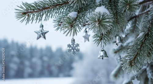 Christmas tree branch adorned with festive ornaments, creating a magical winter scene in a snowy forest