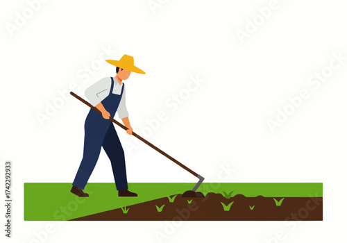 A farmer wearing a straw hat and overalls is tilling the soil in a field with a hoe.
