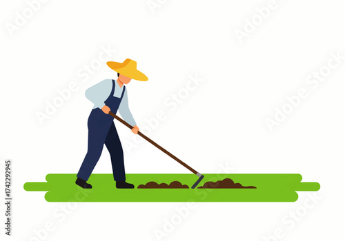 Farmer in overalls and straw hat raking soil in a field, preparing the land for planting.