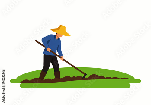An illustration of a farmer wearing a straw hat, tilling the soil in a field with a hoe.
