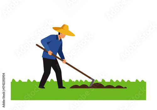 Illustration of a farmer wearing a straw hat, working the land with a hoe in a field.