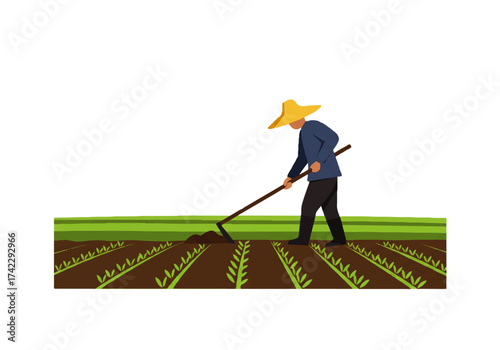 Farmer wearing a conical hat working in a field, tending to young plants with a hoe.